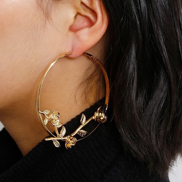 Jewelry - Oversize Gold Rose Hoop Statement Earrings